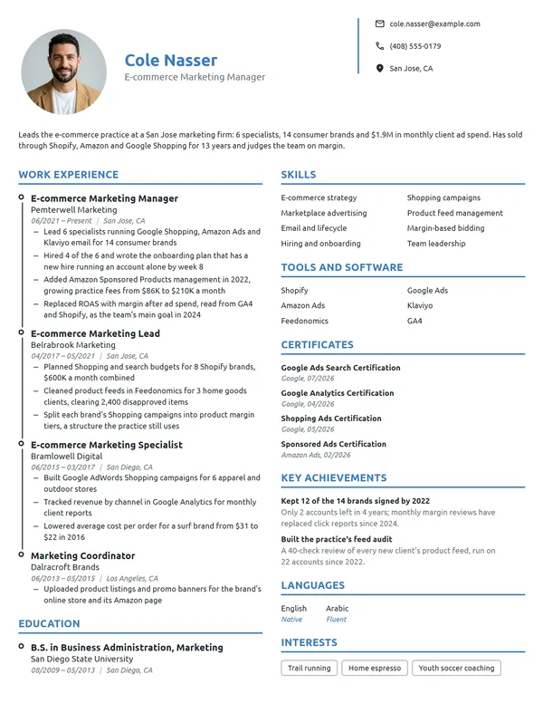 E-commerce Marketing Manager resume example