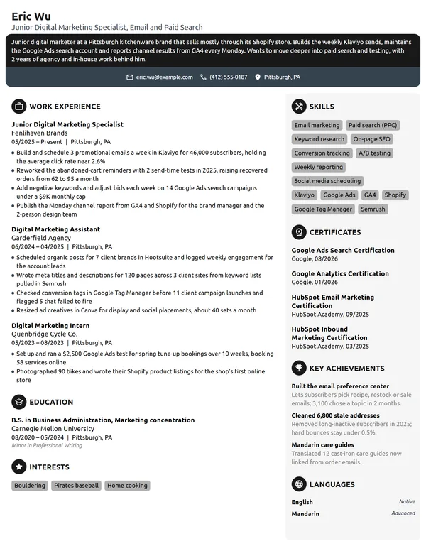 Junior Digital Marketing Specialist resume example