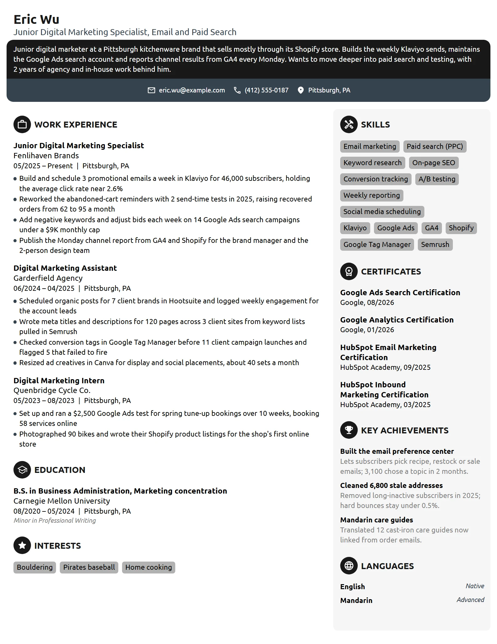 Junior Digital Marketing Specialist resume example