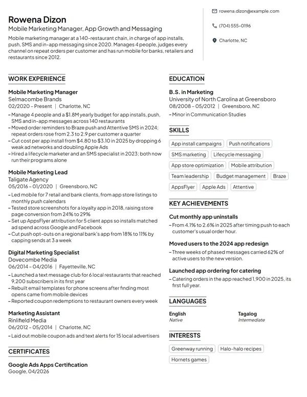 Mobile Marketing Manager resume example