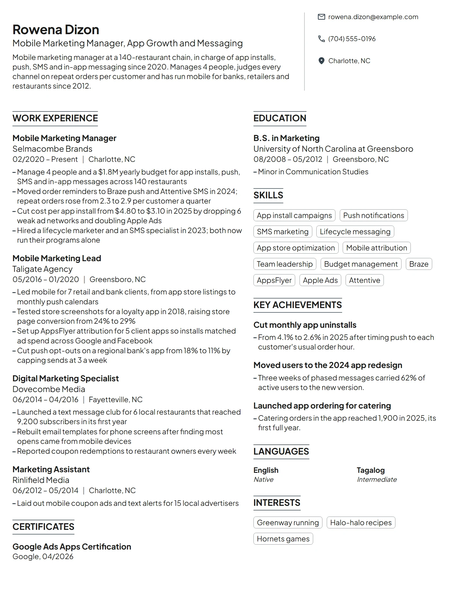 Mobile Marketing Manager resume example