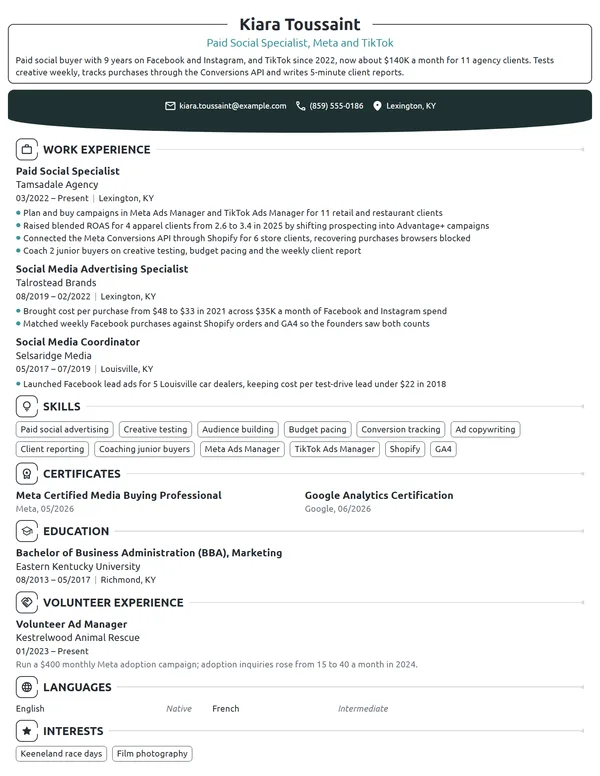 Paid Social Specialist resume example