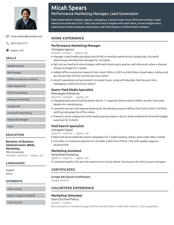 Performance Marketing Manager resume example