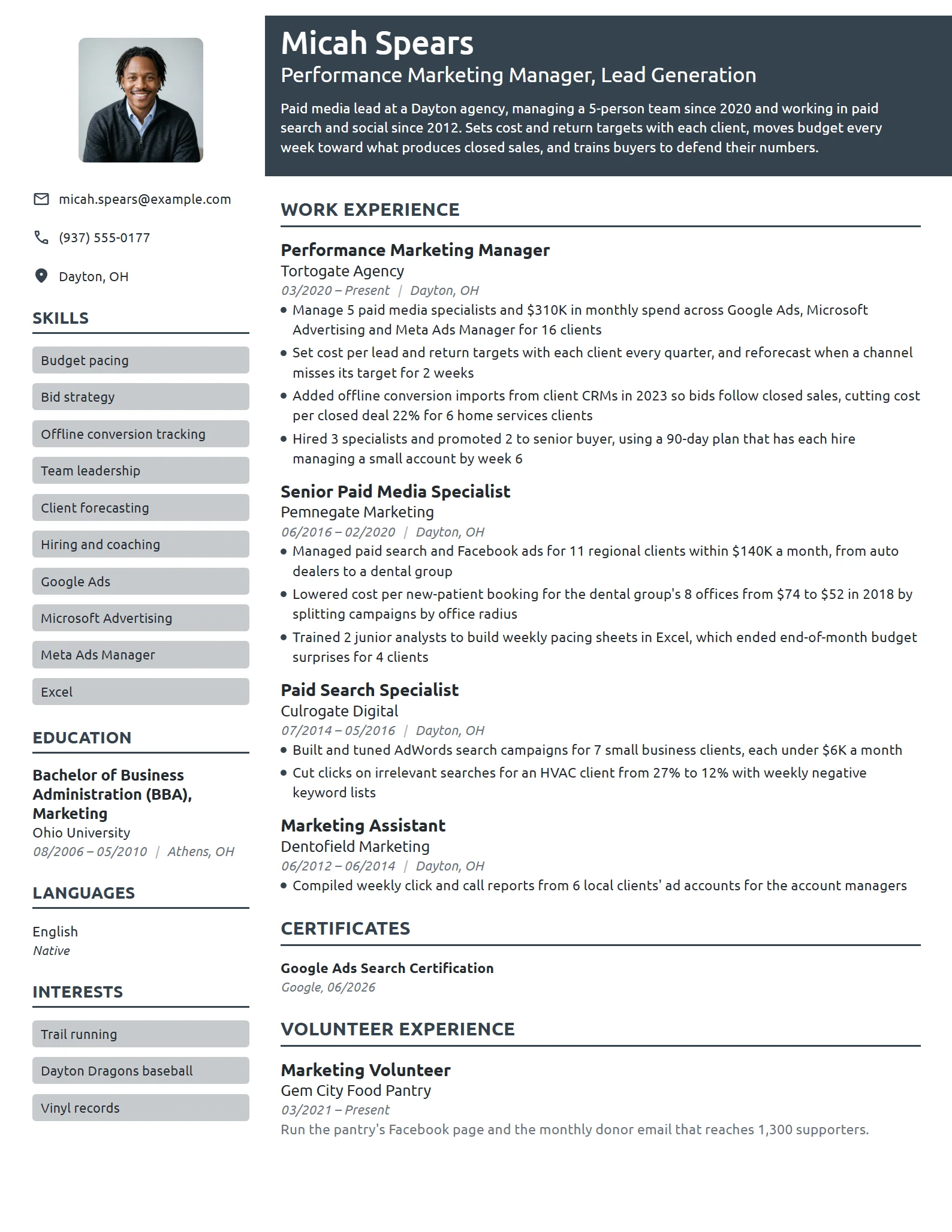 Performance Marketing Manager resume example