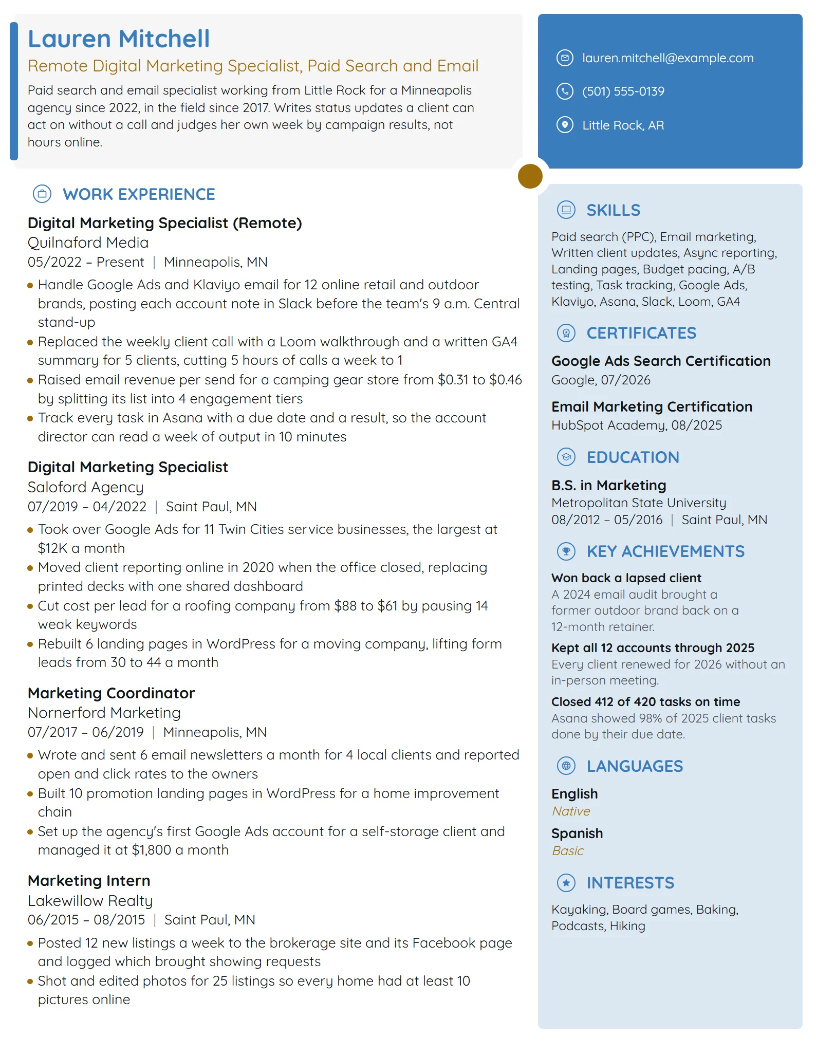 Remote Digital Marketing Specialist resume example