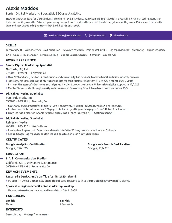 Senior Digital Marketing Specialist resume example