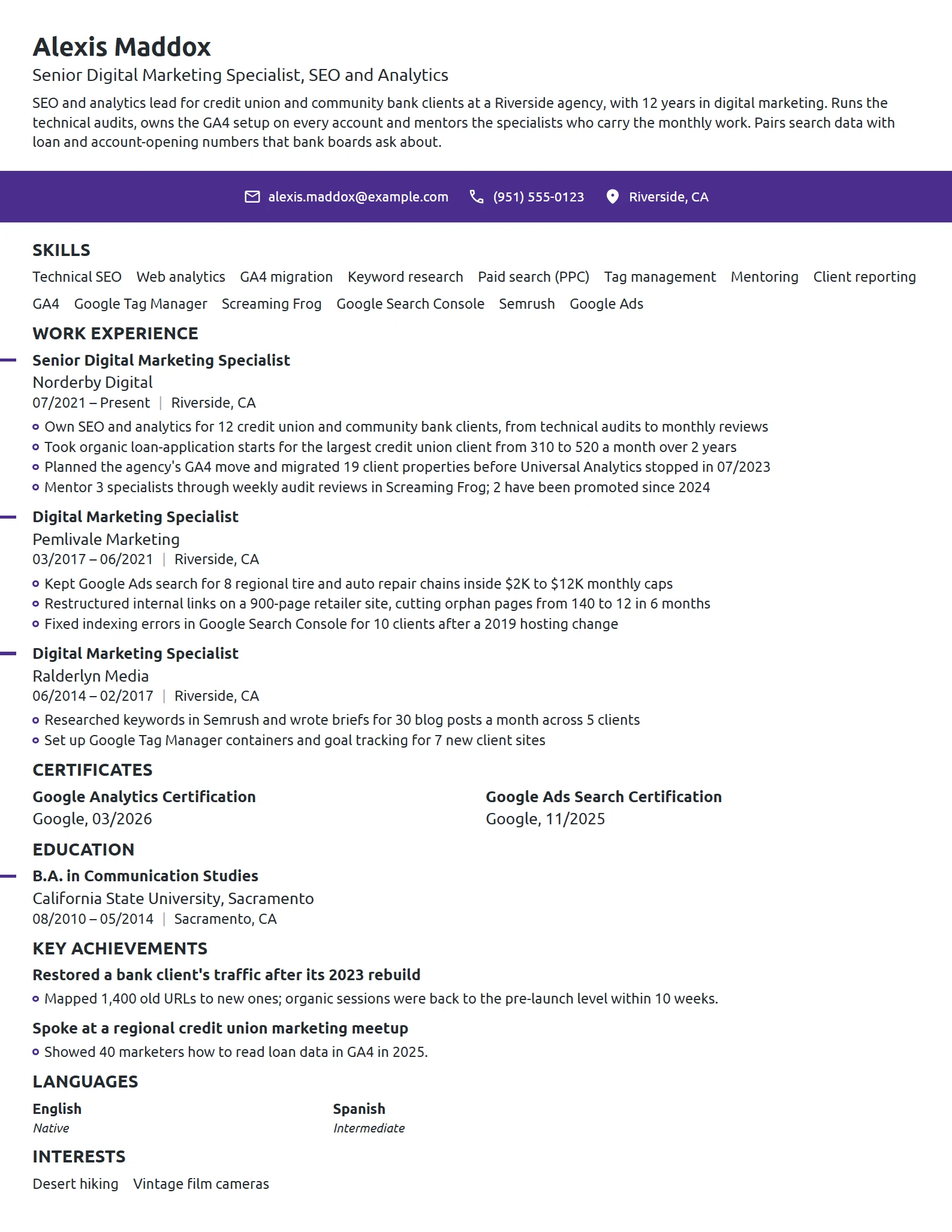 Senior Digital Marketing Specialist resume example