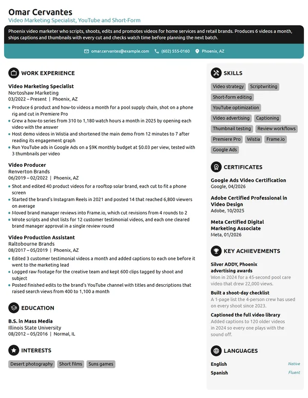 Video Marketing Specialist resume example