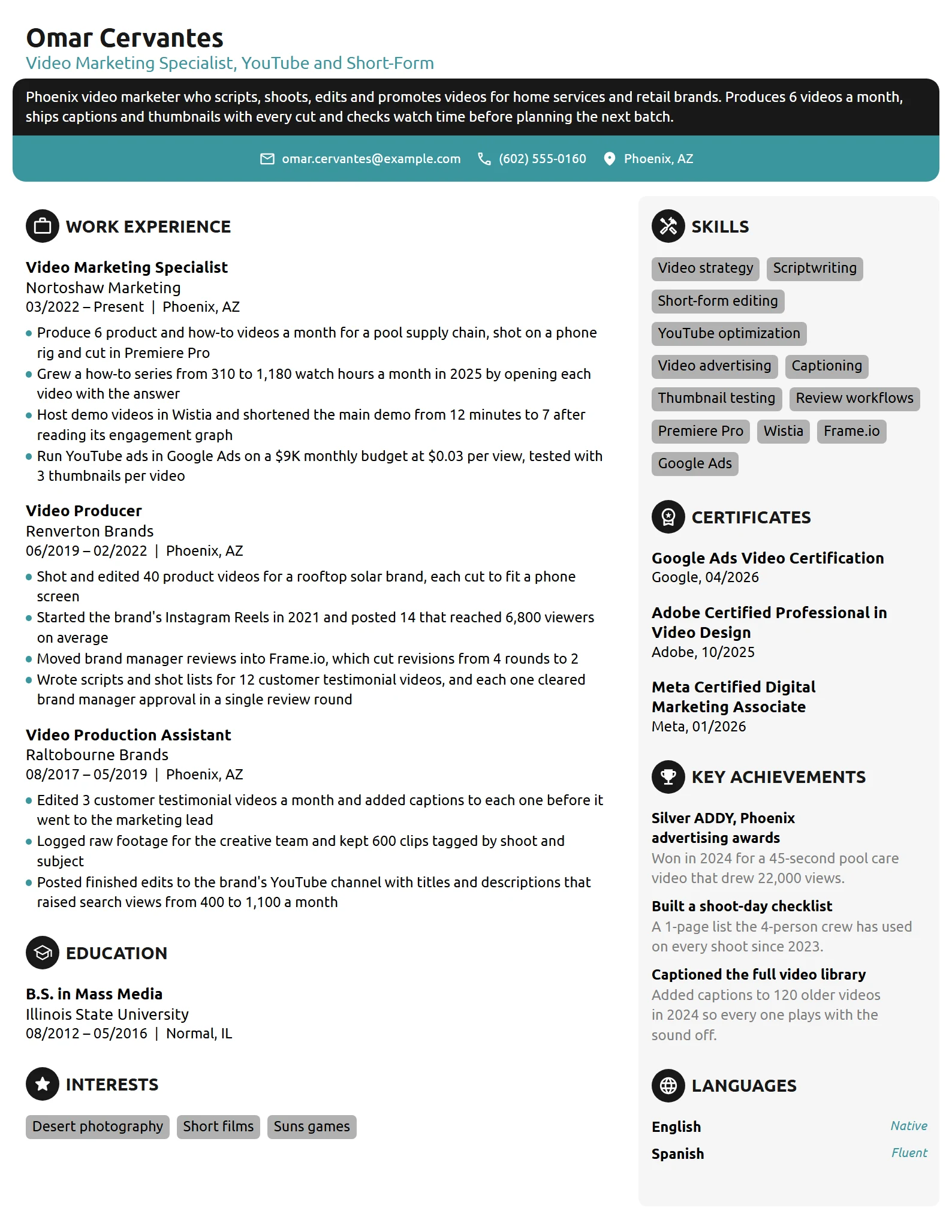 Video Marketing Specialist resume example