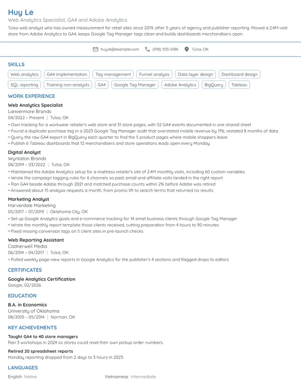 Web Analytics Specialist resume example