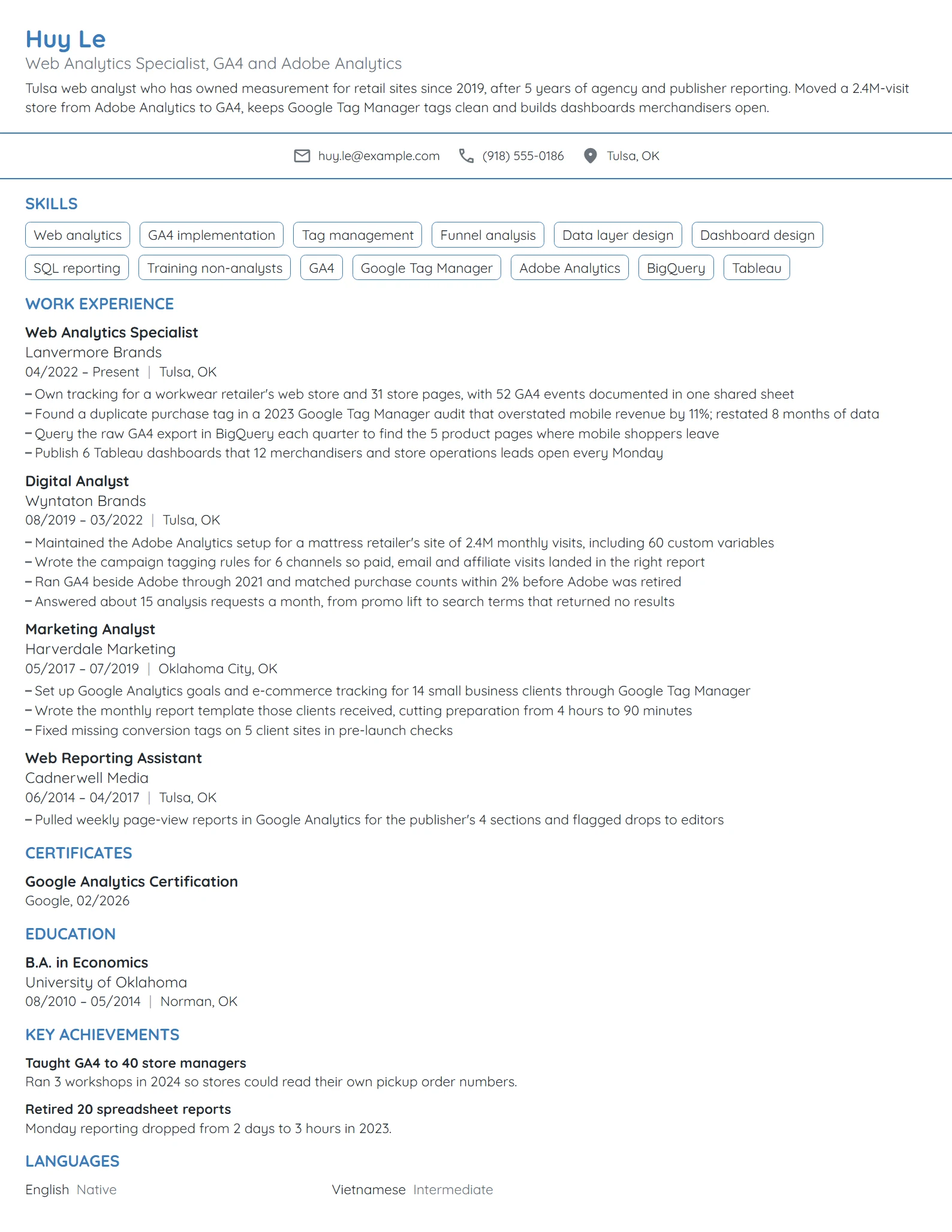 Web Analytics Specialist resume example