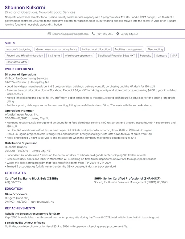 Nonprofit Director of Operations resume example
