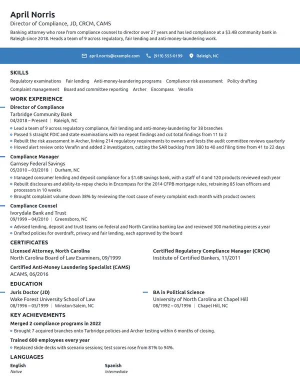 Director of Compliance resume example