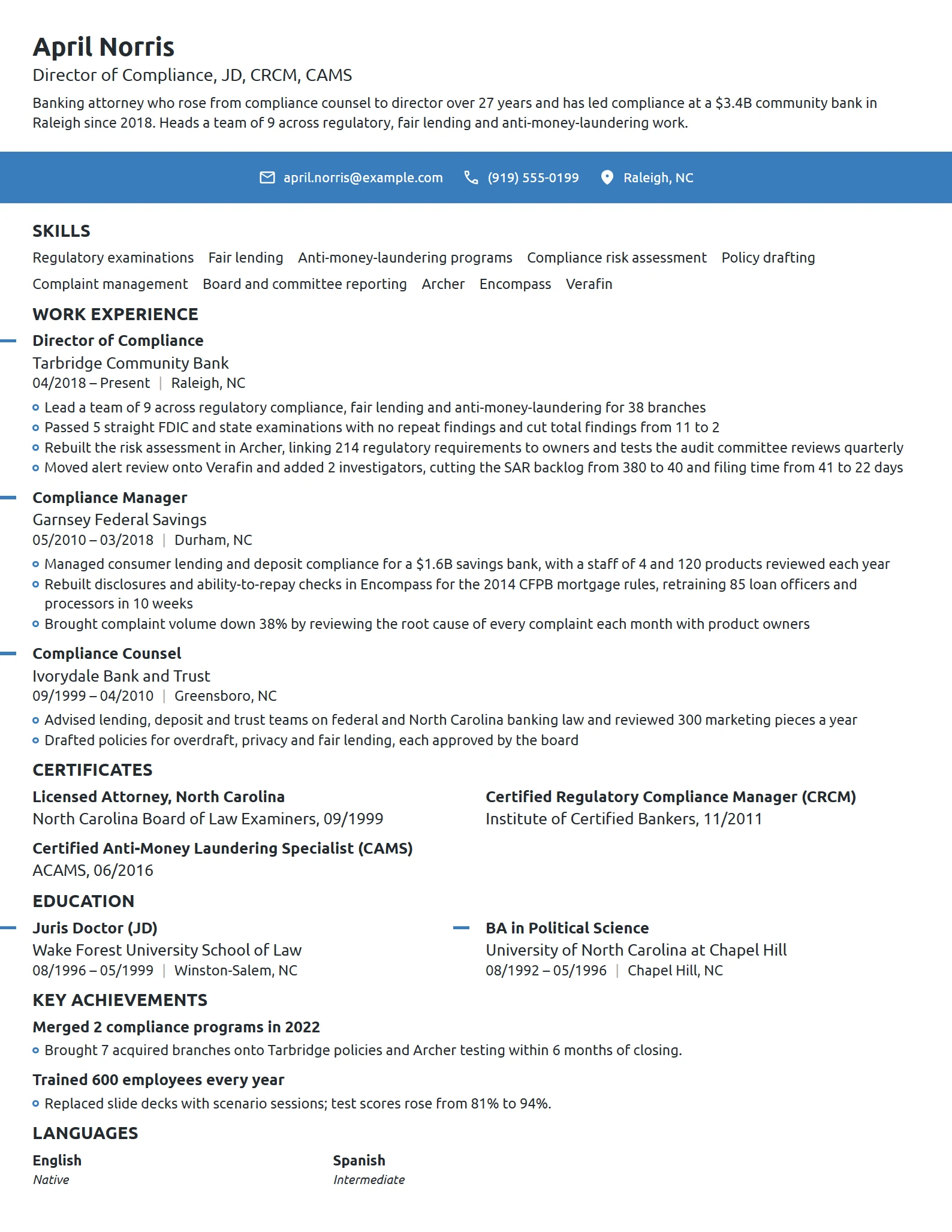 Director of Compliance resume example