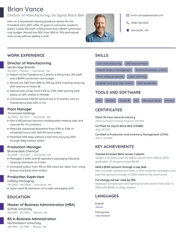 Director of Manufacturing resume example