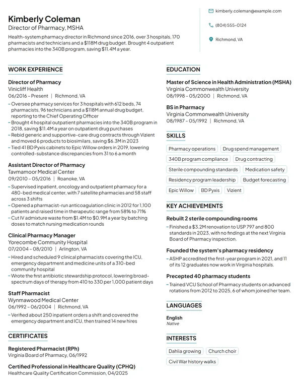 Director of Pharmacy resume example