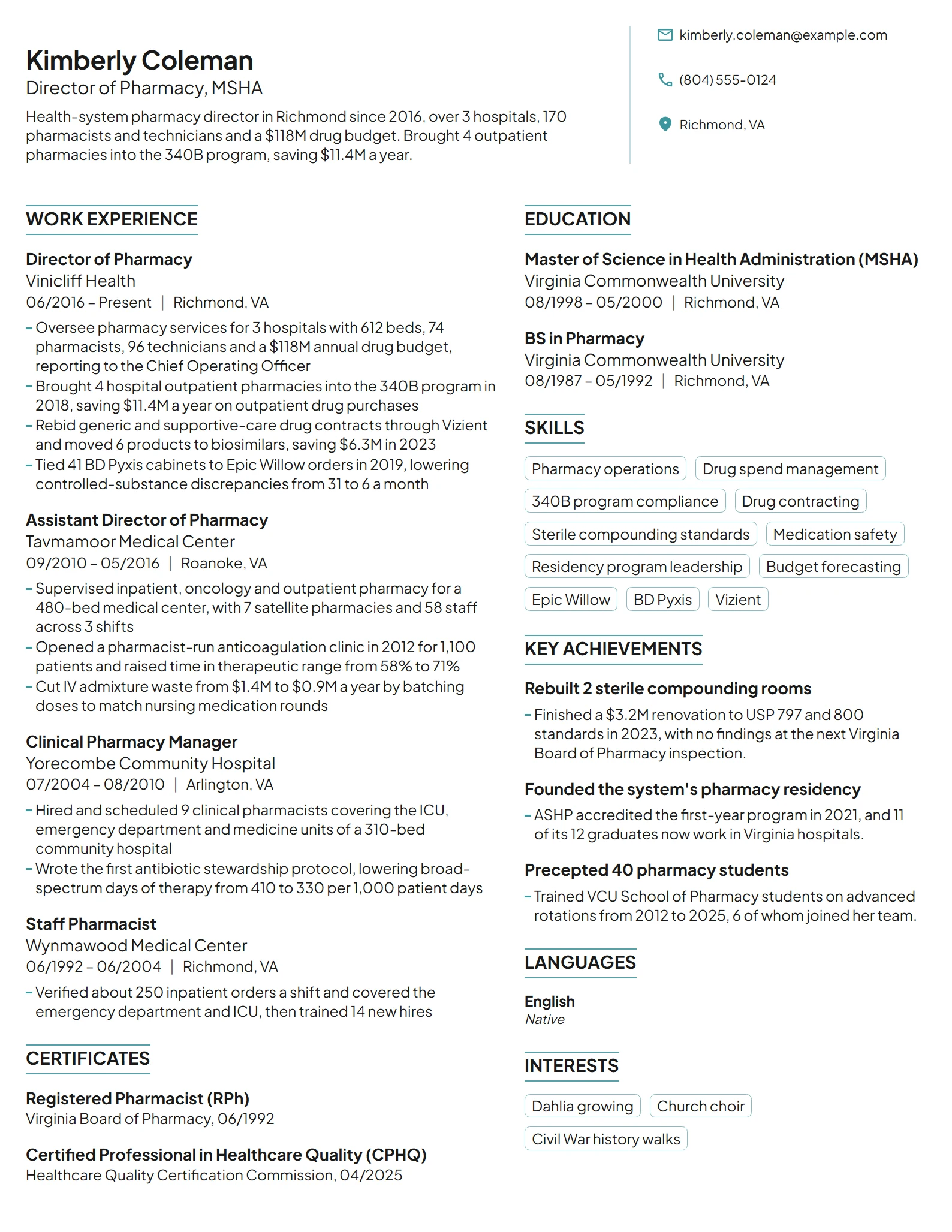Director of Pharmacy resume example