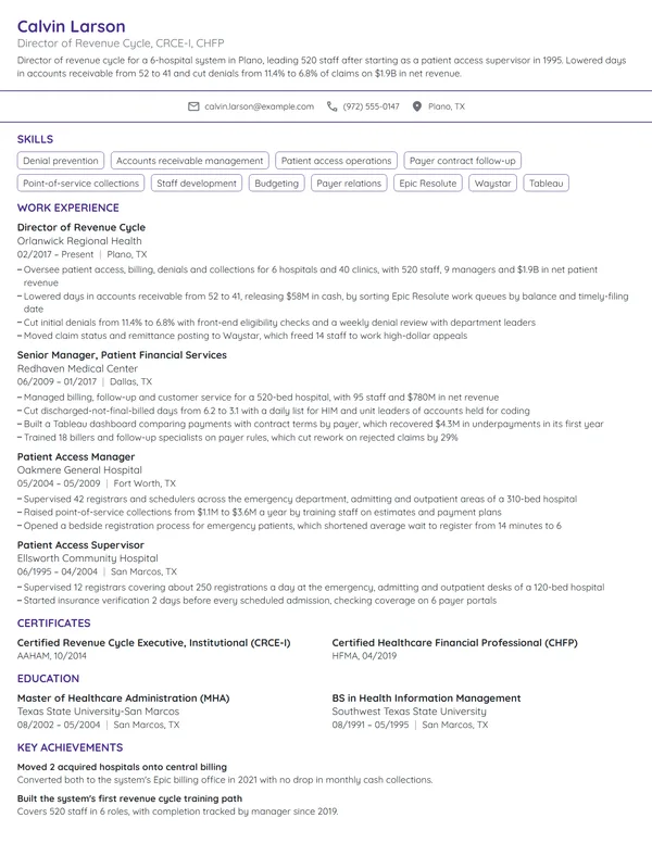 Director of Revenue Cycle resume example