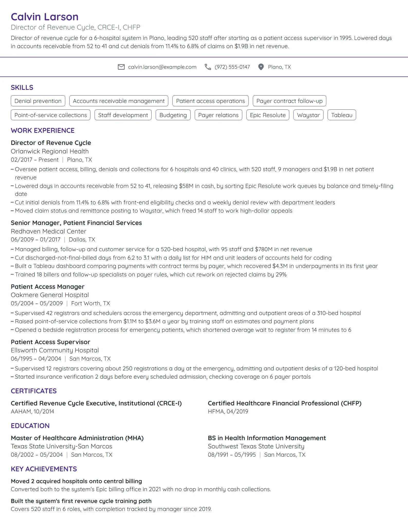 Director of Revenue Cycle resume example