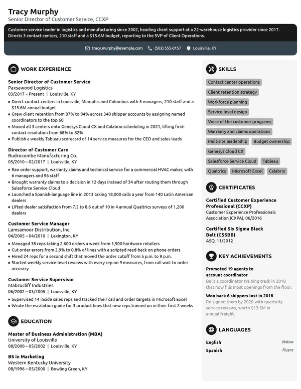 Senior Director of Customer Service resume example