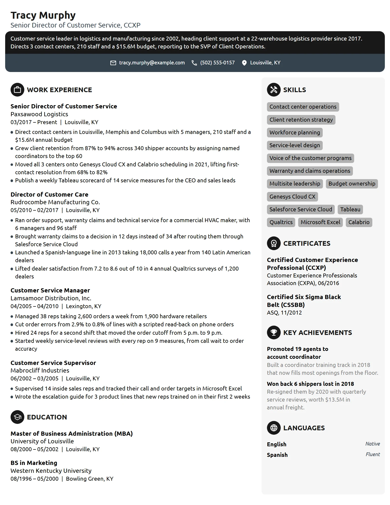 Senior Director of Customer Service resume example