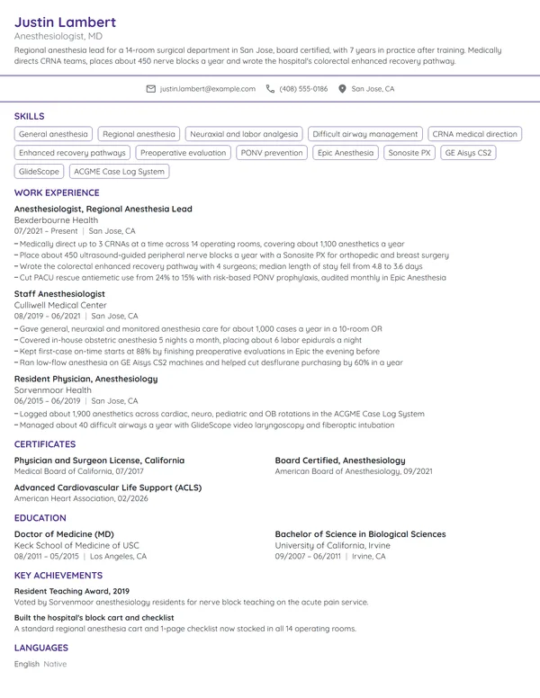 Anesthesiologist resume example