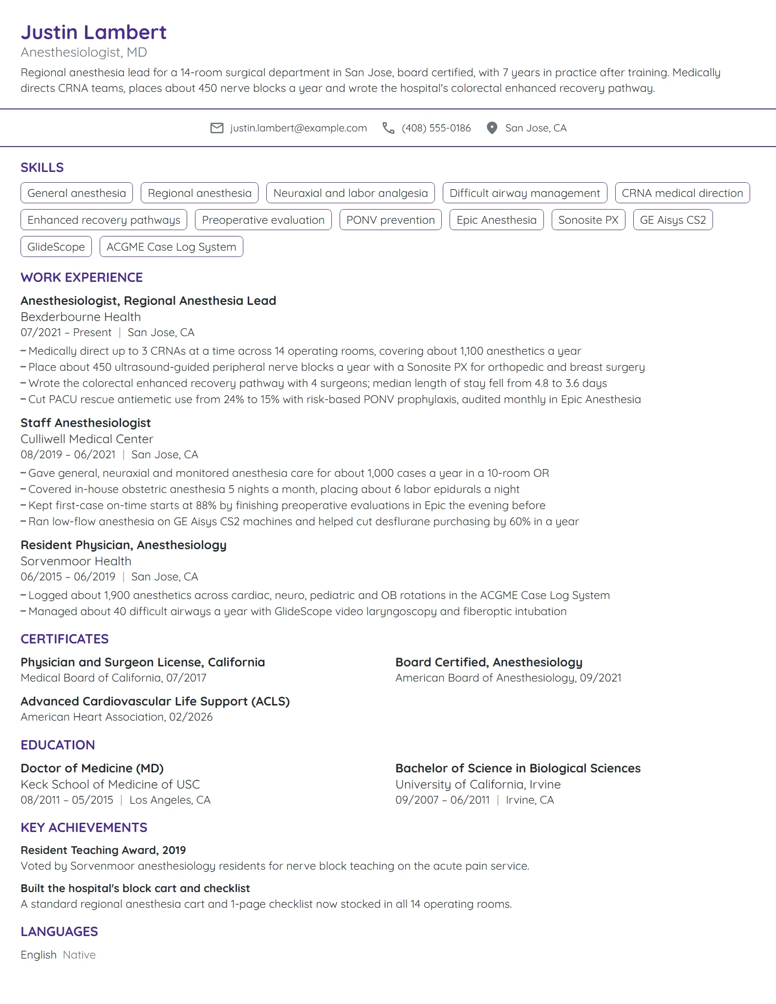 Anesthesiologist resume example