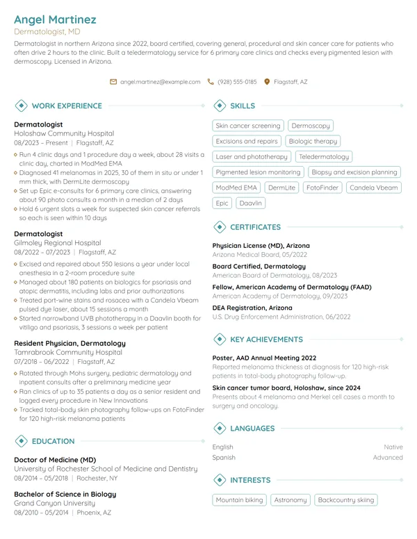 Dermatologist resume example