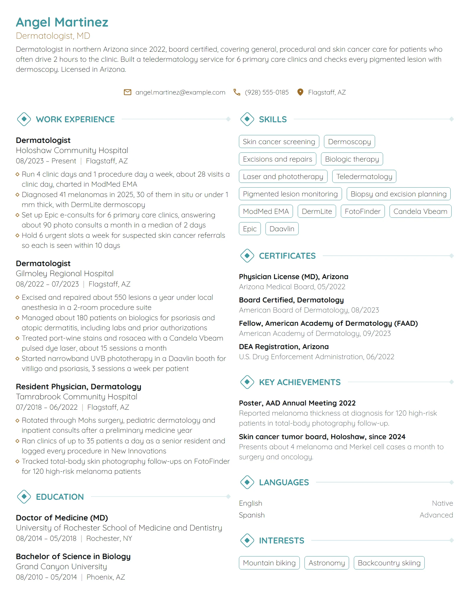 Dermatologist resume example