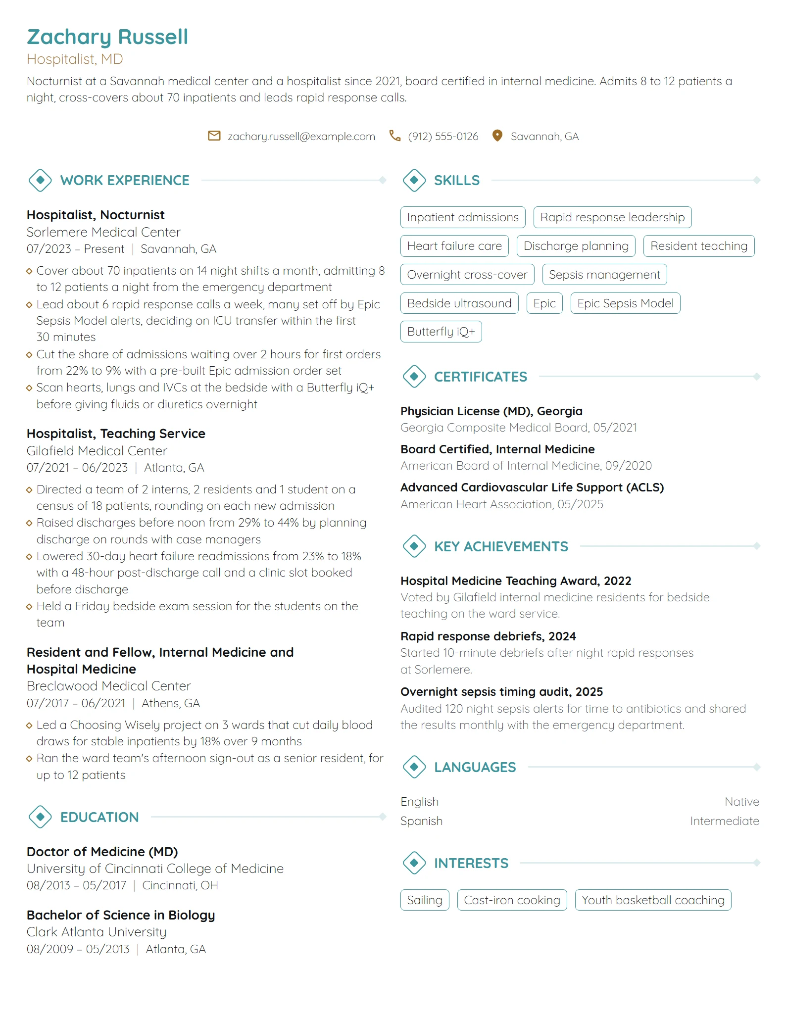 Hospitalist resume example