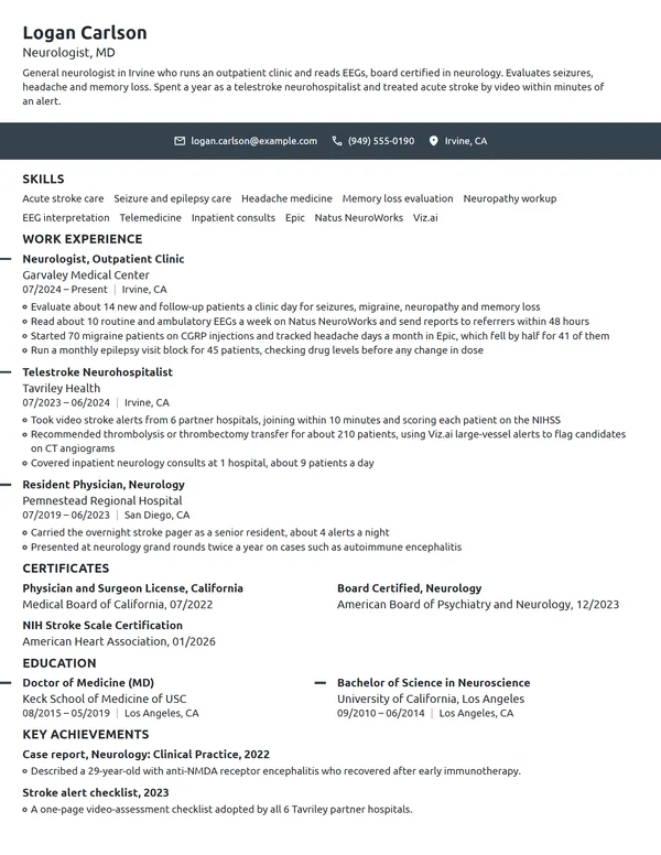 Neurologist resume example
