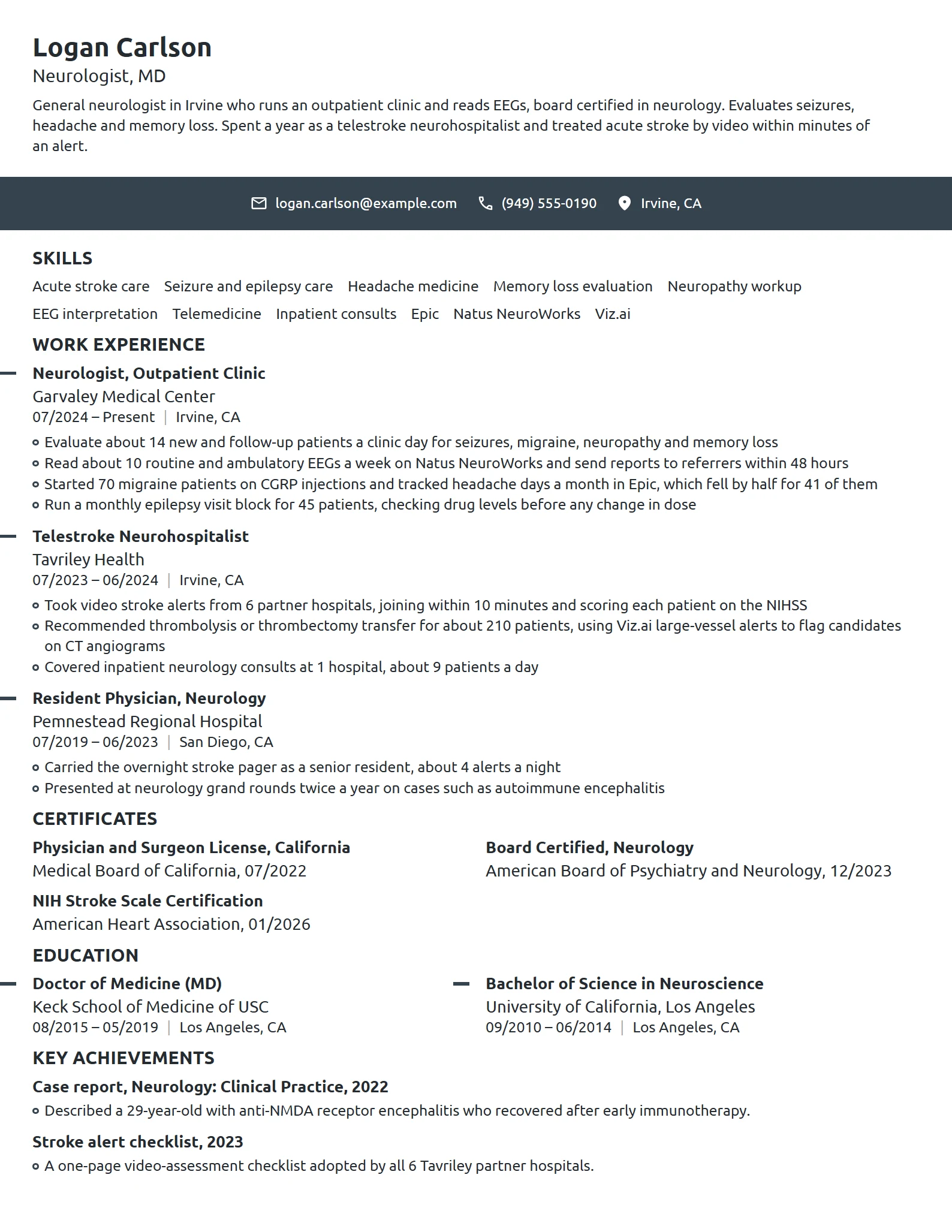 Neurologist resume example