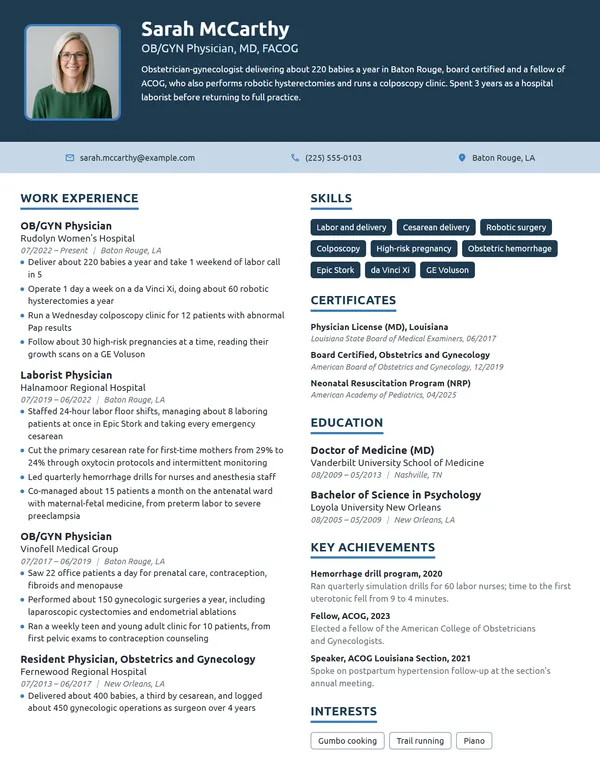 OB/GYN Physician resume example