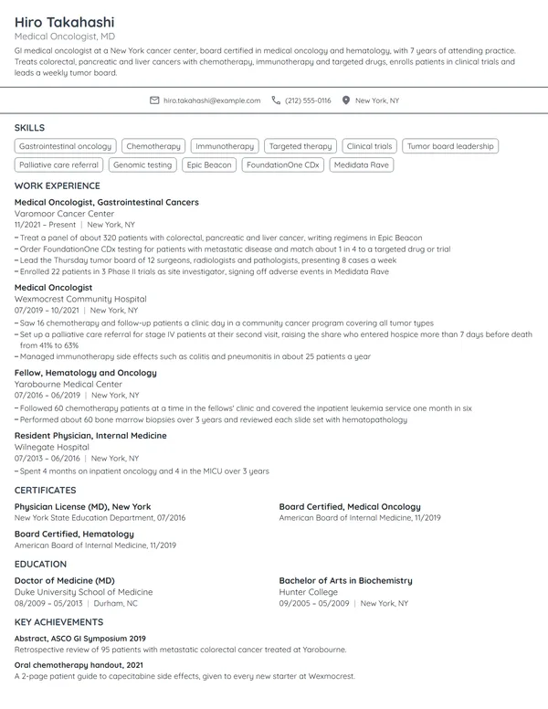 Oncologist resume example