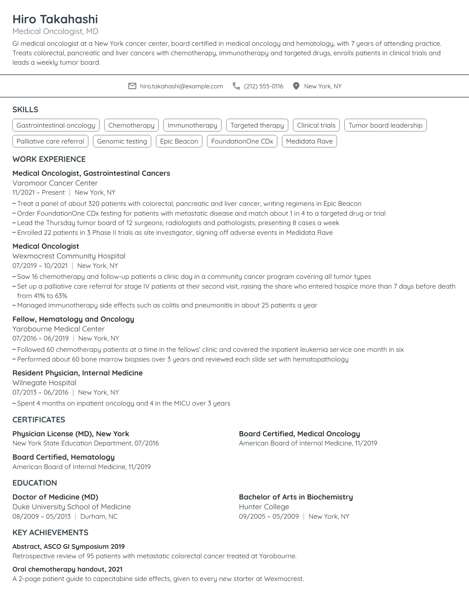 Oncologist resume example