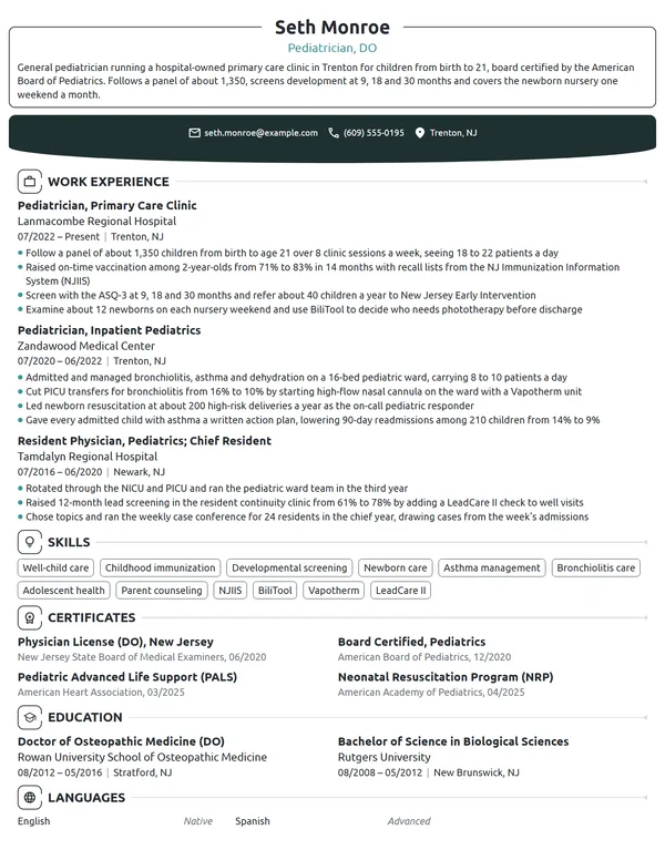 Pediatrician resume example