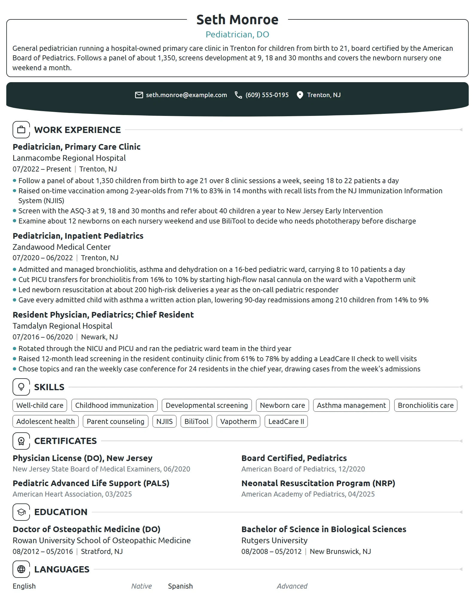 Pediatrician resume example