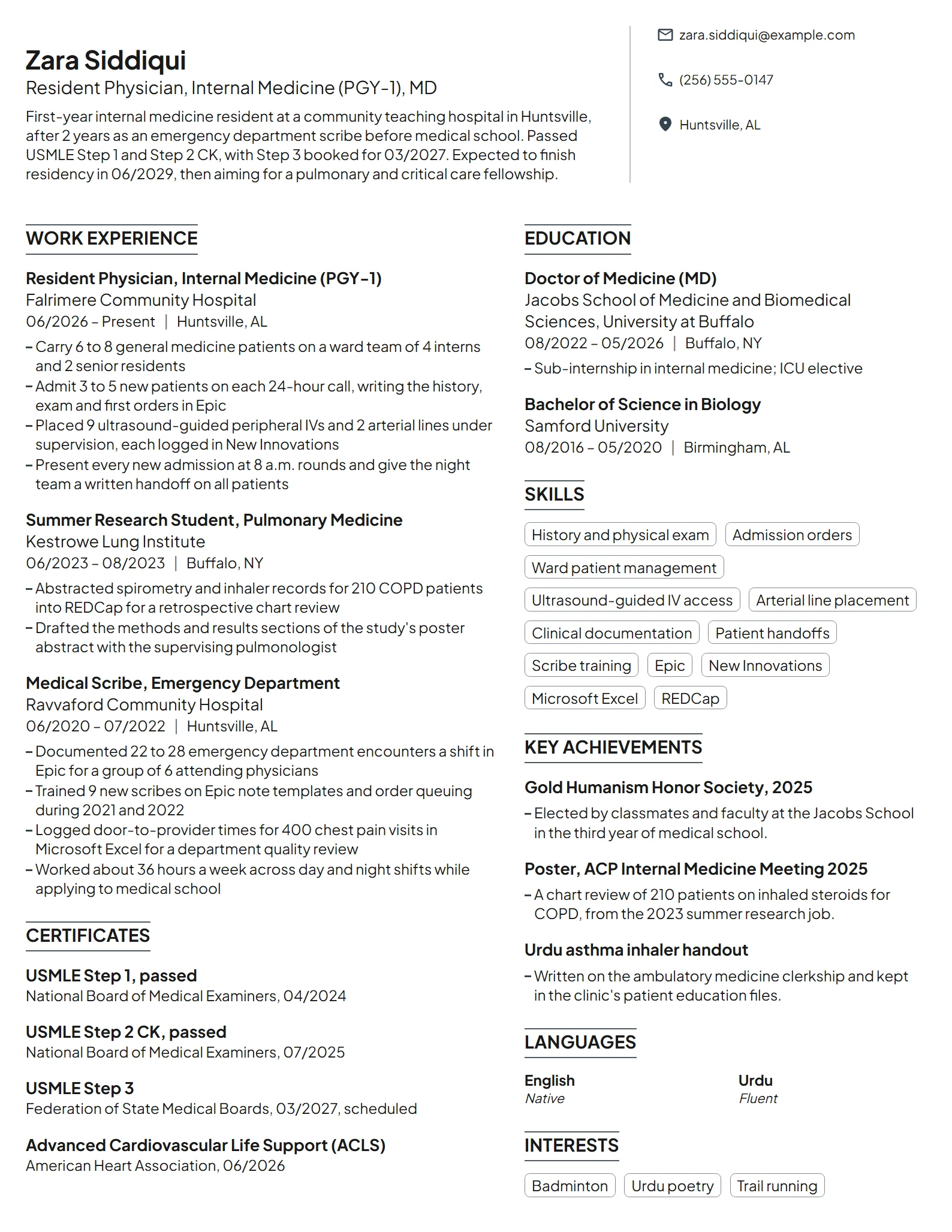 Resident Physician resume example