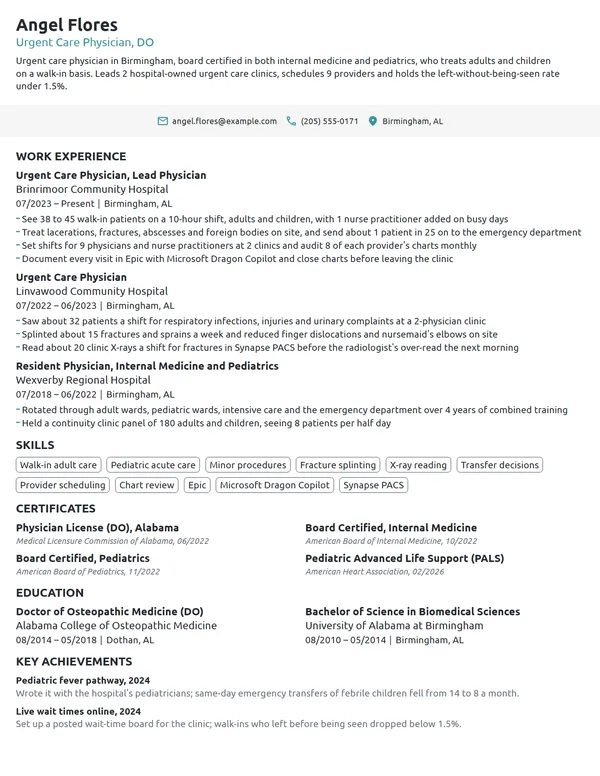 Urgent Care Physician resume example