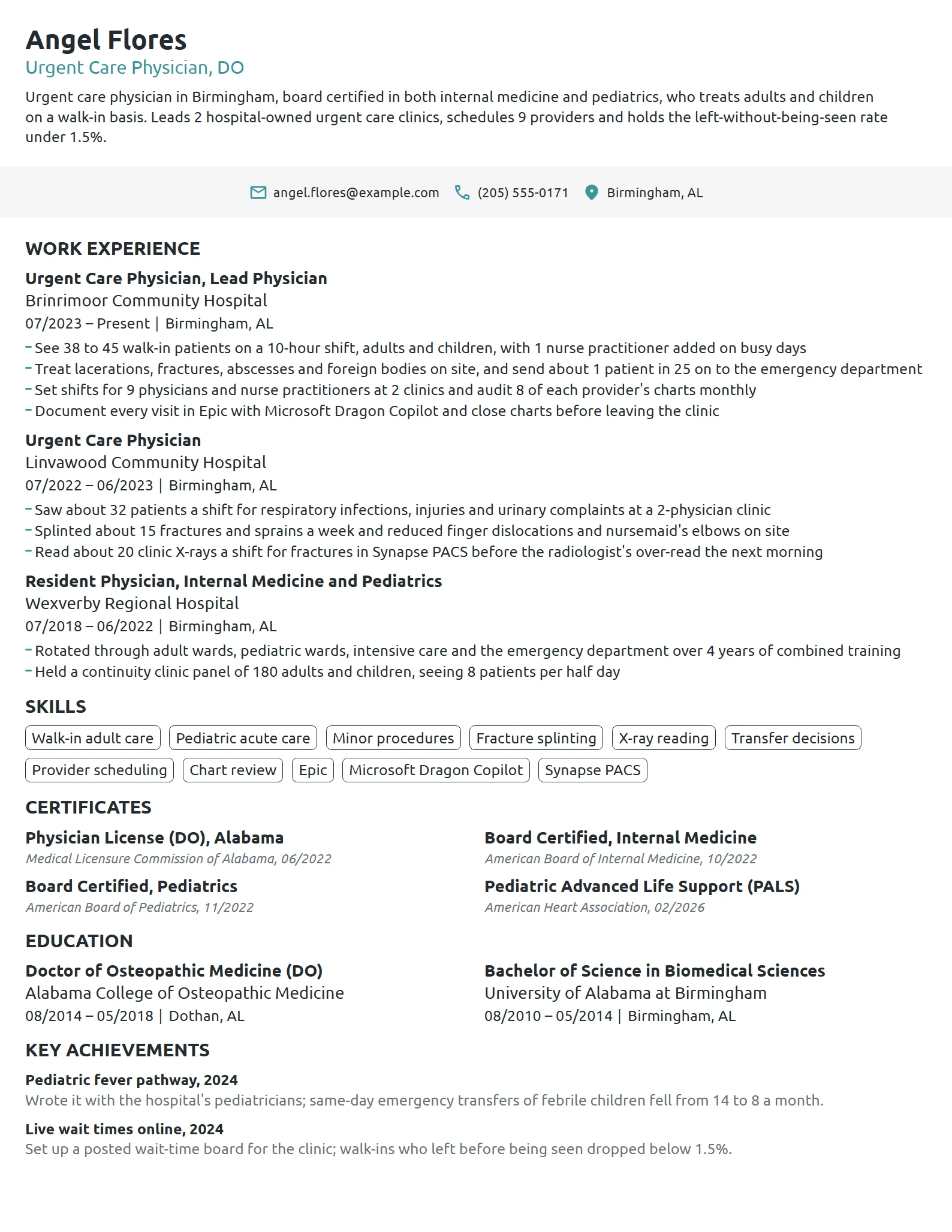 Urgent Care Physician resume example