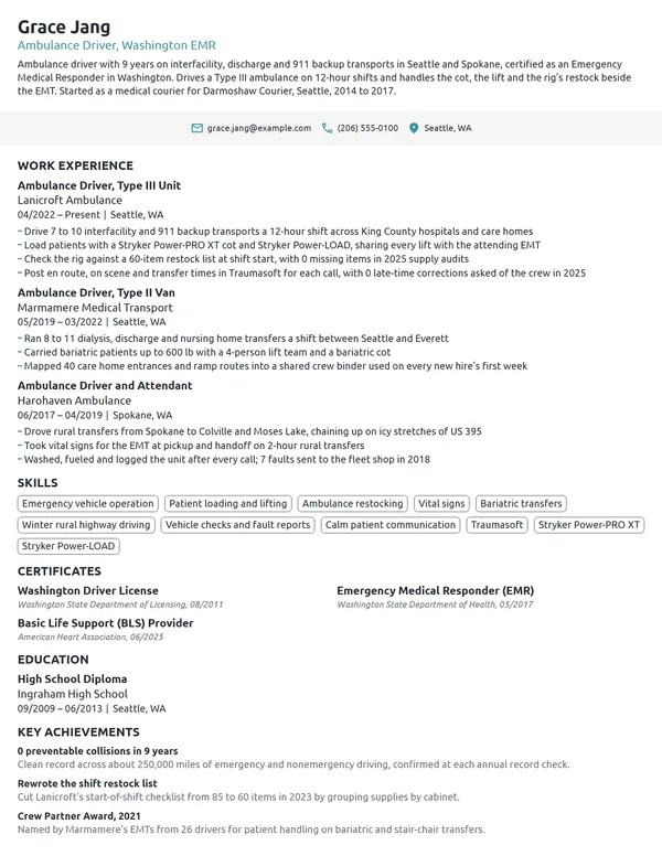 Ambulance Driver resume example