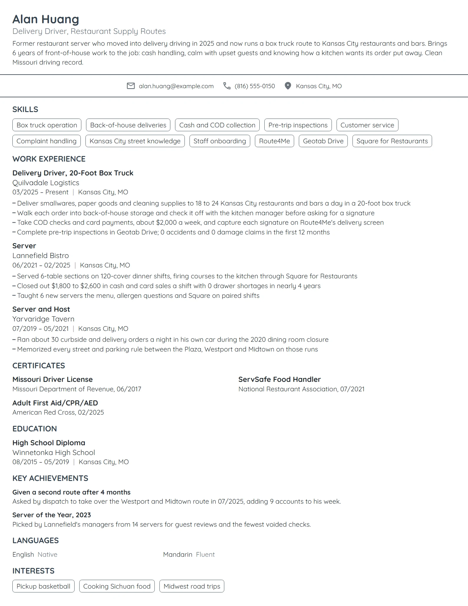 Career Change Driver resume example