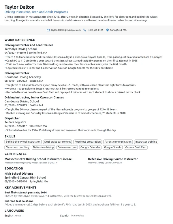 Driving Instructor resume example