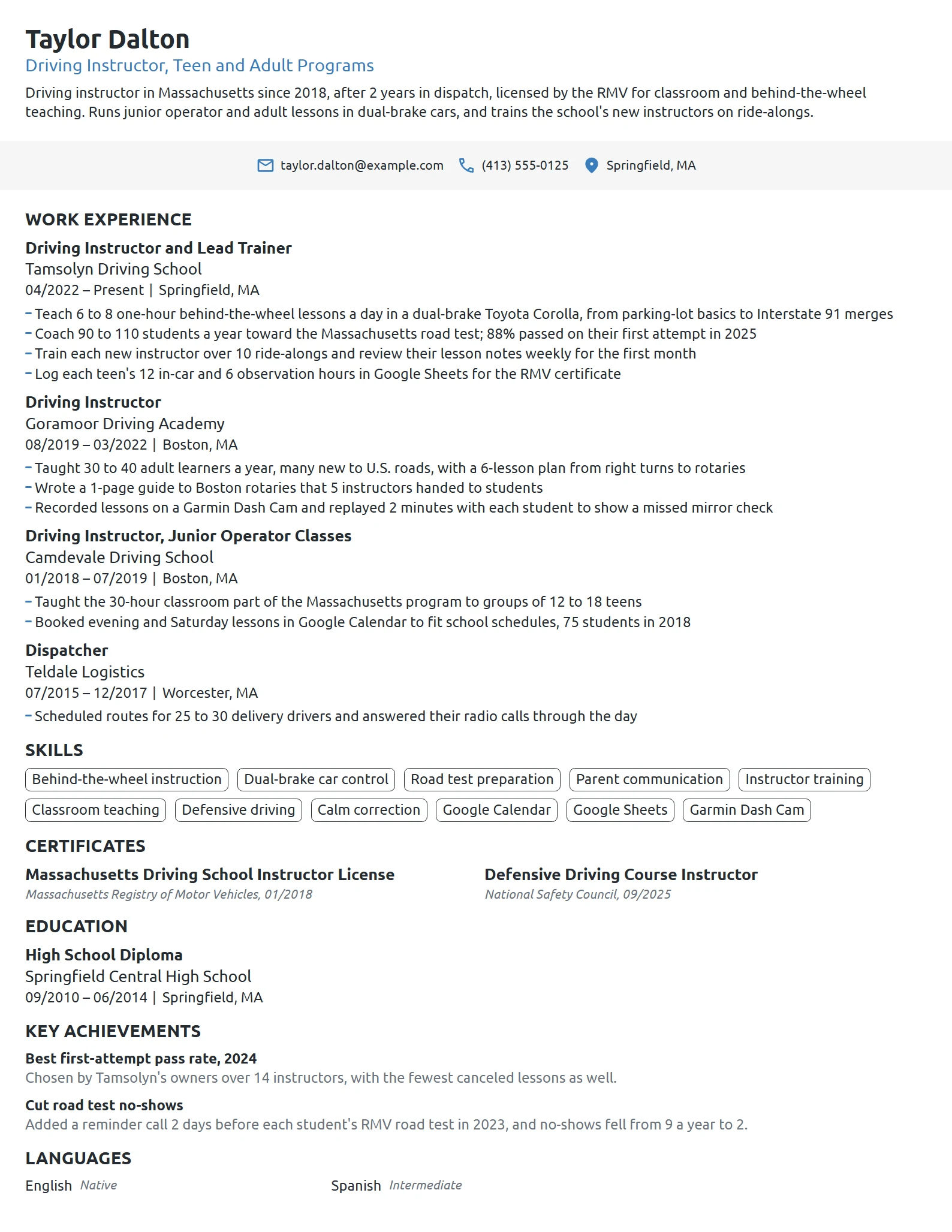 Driving Instructor resume example