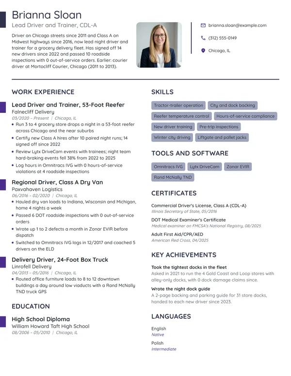 Experienced Driver resume example