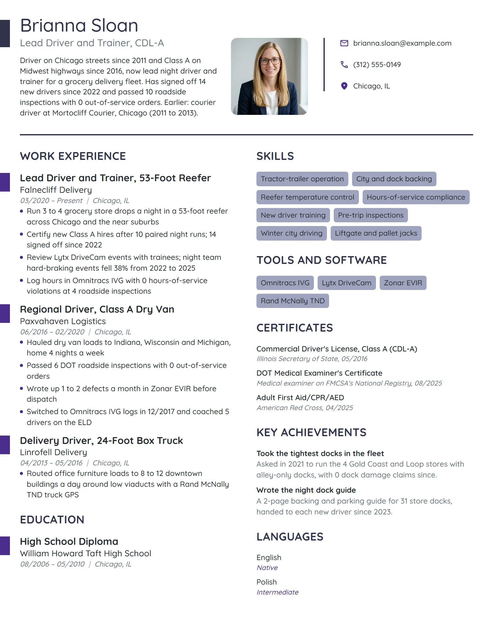 Experienced Driver resume example