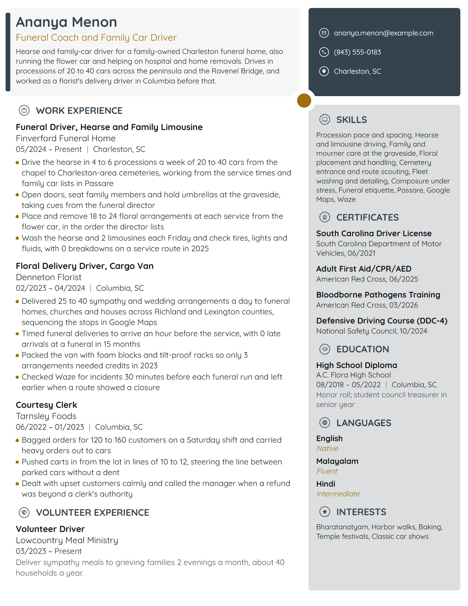 Funeral Driver resume example