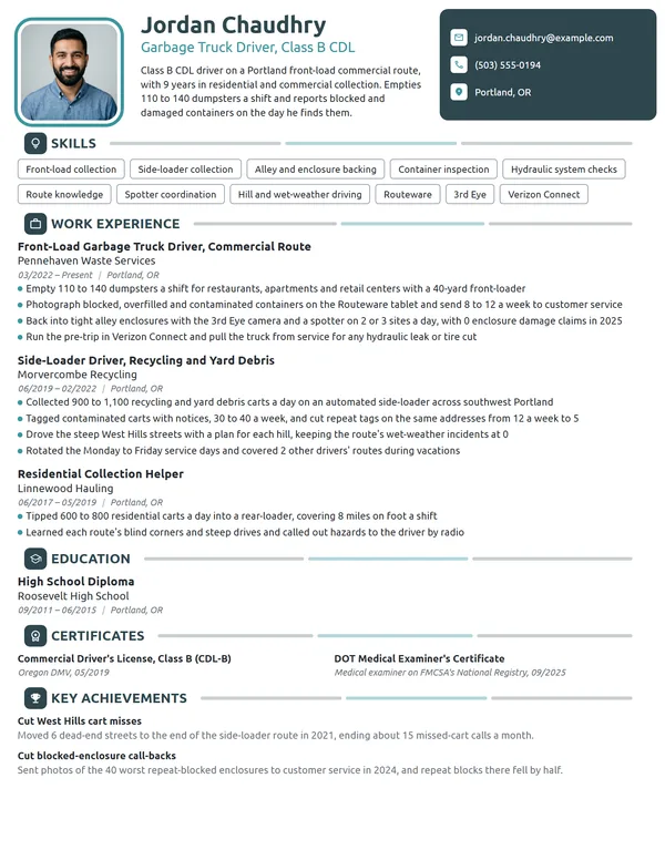 Garbage Truck Driver resume example