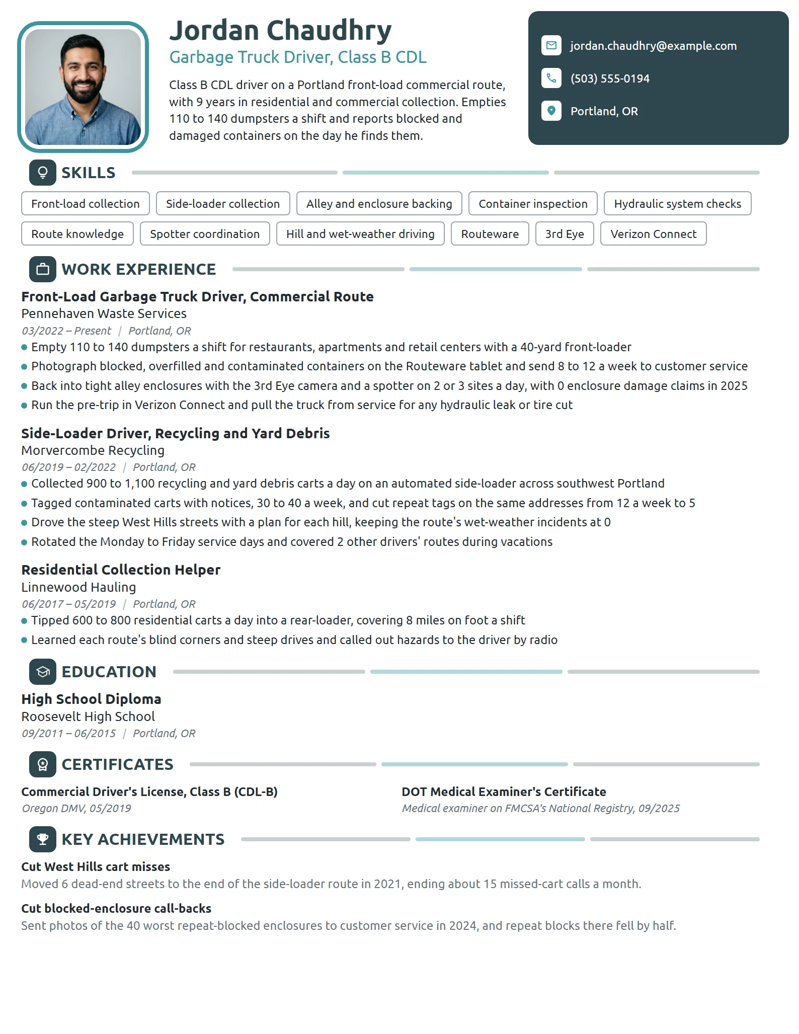 Garbage Truck Driver resume example