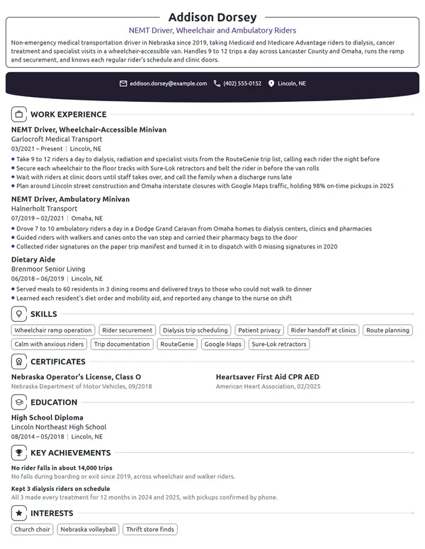 NEMT Driver resume example